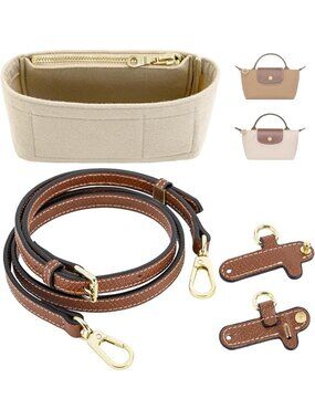 Purse Organizer Insert & Leather Strap Kit for Mini Bags - Felt Liner, Beige